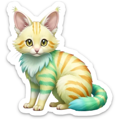  cute adorable yellow-green-turquoise-gradients albino fur with random colorful iridescent rainbow markings beautiful elegant pretty precious cute  Fakémon-Pokémon-opossum-feline-serval-caracal-chinchilla-Minccino-hybrid-creature with a big fluffy bushy striped tail (full body) sticker