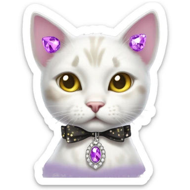 White cat with brown and black spots with yellowish greenish eyes and white whiskers with a sparkly rhinestone purple necklace collar thing with a bow on her ear sticker