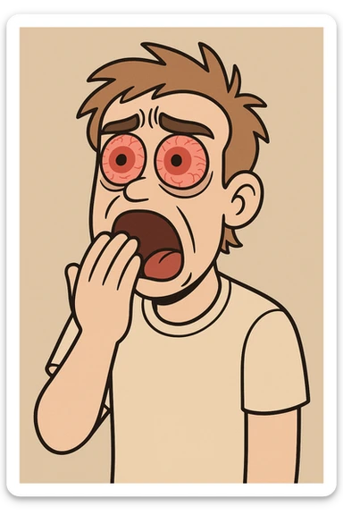an ordinary person yawning, with wide, red eyes, looking exhausted from lack of sleep, illustrated sticker