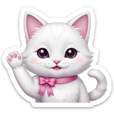 A cute white cat is sitting, waving its paw and smiling. She has a beautiful pink bow around her neck sticker