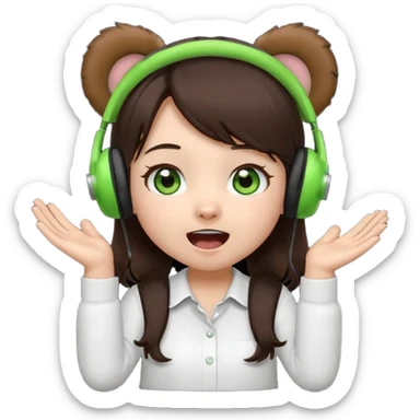 Animated emoji, Chibi girl, dark brown hair, green eyes, wearing a white shirt and small brown bear ears on a black headset, with wide happy surprised eyes and mouth and clapping excitedly sticker