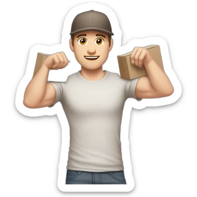 Pale skinned fit Man with dark brown hair in a light gray cap, dark brown jeans, brown polo and white T-shirt keeping a pasted with tape white box into his hands sticker