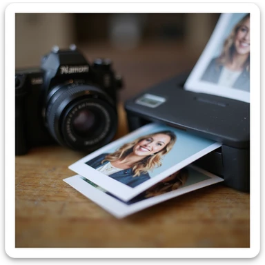 realistic thumbnail for a passport size photo printing service, with a close-up of a printer outputting passport photos and a camera nearby sticker