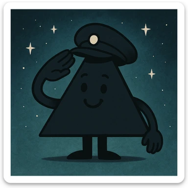 A magical isosceles triangle that is smiling and saluting with a cap with a background sticker