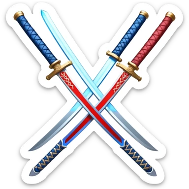 Design a stylized emoji icon of two crossed katanas, each with a different colored aura (e.g. blue and red), representing the fusion of two opposing ideas. The swords should look elegant, not aggressive – symbolizing creativity through contrast and harmony.

 sticker