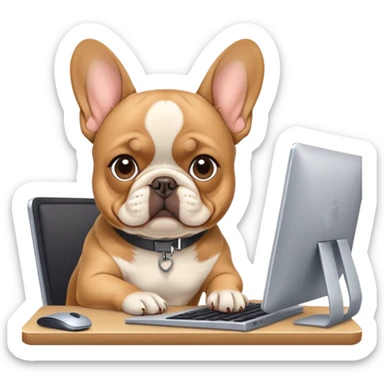 Frenchie working behind computer sticker