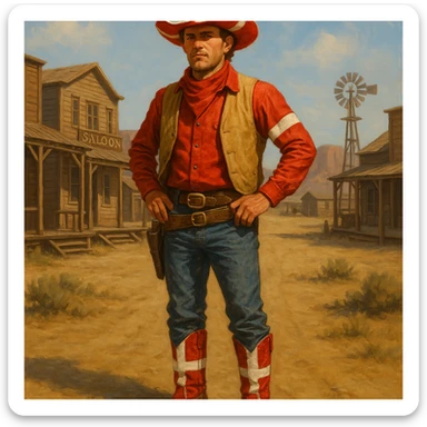 Danish cowboy wearing a cowboy hat and boots with Danish flag colors in a western setting sticker
