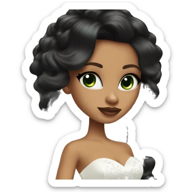 Bratz, bride, black wavy long hair, olive skin, green almond cat eyes sticker