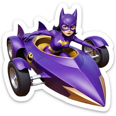 Hot full size real-appearance racing action (Darkness in her soul) BatGirl’s midnight-purple tight outfit sixty’s tv show 1992 stealth retro cat burglar sporty petite off-road pursuit mobile cruiser car rose gold accents (black hair,reclined and relaxed seating position and attitude) sticker