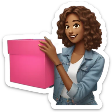 influencer taking a selfie holding a bright box sticker