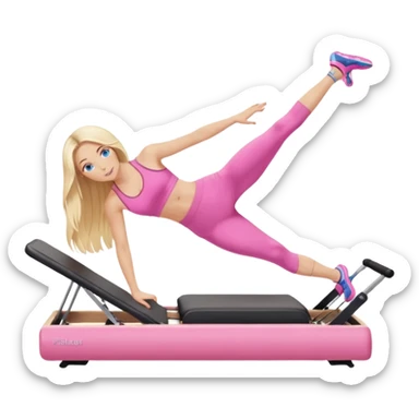  long blown out blonde hair woman blue eyes wearing pink workout set doing pilates reformer sticker