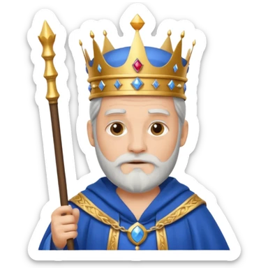 Bearded King, Wise king with short white beard, royal staff in hand, wearing crown, blue
 sticker