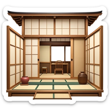 Traditional Japanese house with wooden structure, sliding shoji doors, tatami mats sticker