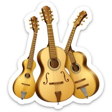 Create a ceremonial, professional coat‑of‑arms emoji featuring plucked string instruments (guitar, harp, mandolin) with visible strings and frets. Add an elegant ribbon of musical notes, gold/wood/silver colors, and a subtle regal background. sticker