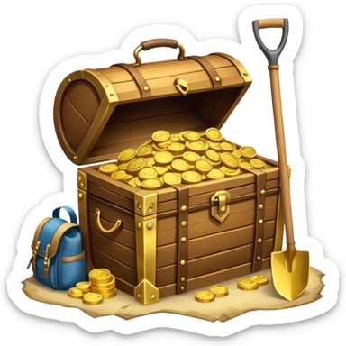 An icon showcasing a treasure chest filled with gold, a treasure map rolled up beside it, a backpack and shovel. The design captures the essence of treasure hunting, exploration, and excitement, set on a transparent background to emphasize the thrill of discovery. sticker