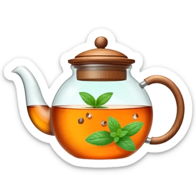 Cinematic realistic emoji depicting a transparent teapot with a realistic wooden lid filled with tea and floating in it small pieces of orange and two mint leaves, rich texture, without unnecessary decoration sticker