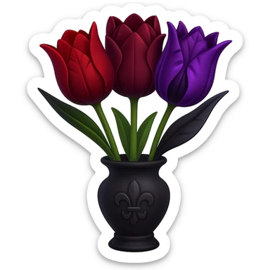 Arrange three goth tulips with gothic vases into a bouquet, keep the background transparent, in the style of apple emojis. sticker