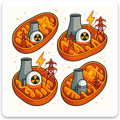 illustration of mitochondria as small nuclear power plants, no organs or jars, only mitochondria with energy production elements, creative and scientific style, bright colors, white background sticker