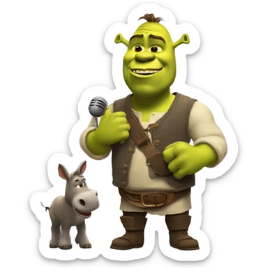 Shrek with a microphone in his hand listens to the donkey sticker