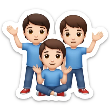 Three cute little brunette brothers playing  sticker