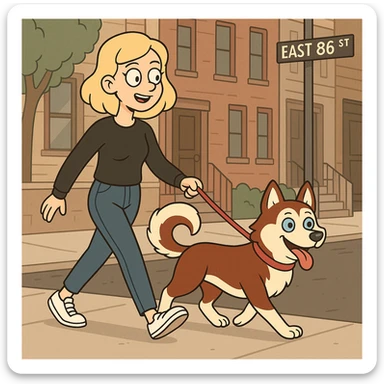 Cute Blonde woman wearing a black sweater and jeans and white sneakers walking a happy red-brown blue-eyed Siberian husky in New York City on an upper east side city sidewalk  sticker