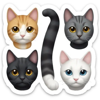 Four cats: two all black cats, a tabby cat, and a white and grey cat sticker