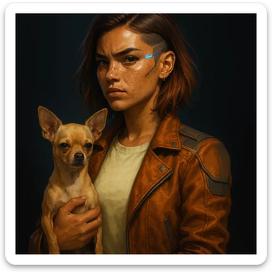 Futuristic style portrait of a rebellious woman with tanned skin and freckles, wearing a #FFF8CA shirt and rust jacket, mid-length brown auburn hair, holding a beige-brown chihuahua, dark background. sticker
