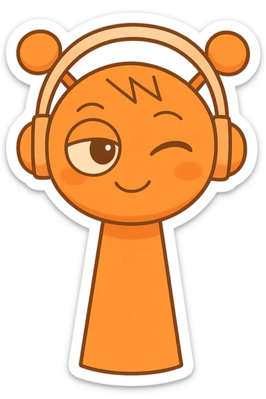 Change the orange character with headphones to a winking playful expression, in chibi stickers style, transparent background. sticker