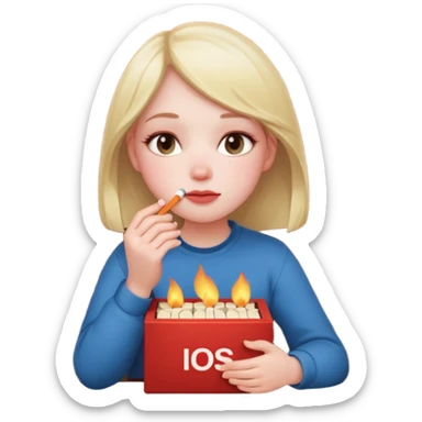 A fragile girl sitting beside a wall, clutching a box of matches, lighting one to warm her cold rosy cheeks.
 sticker