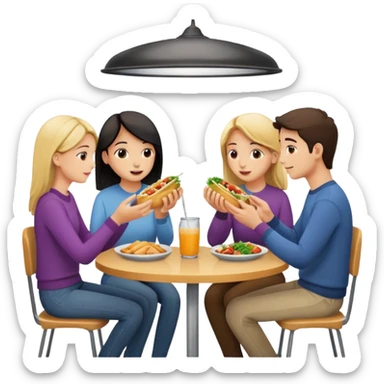 friends eating lunch, face each other, indoor, three people sticker