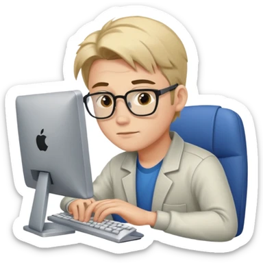 young male programmer working very hard on the computer, squinting sticker