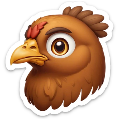 Cinematic Noble Brown Chicken Portrait Emoji, Poised and regal, with a compact, sturdy build and a warm, well-groomed brown plumage, deep-set soulful beady eyes, Simplified yet sharp and sophisticated features, highly detailed, glowing with a soft, dignified glow, high shine, intelligent and earthy, stylized with an air of rustic elegance, focused and attentive, soft glowing outline, capturing the essence of a watchful and confident fowl, so majestic it feels as though it could strut out of the screen with effortless authority! sticker