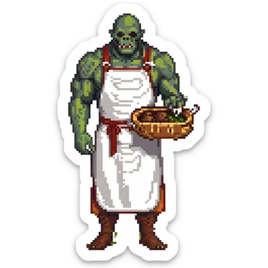 orc male Apron with "Kiss the Cook" (scratched out, replaced with "Fear the Cook"), giant rib bone as a weapon. sticker