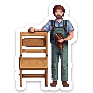 experienced furniture maker holding a wooden chair sticker
