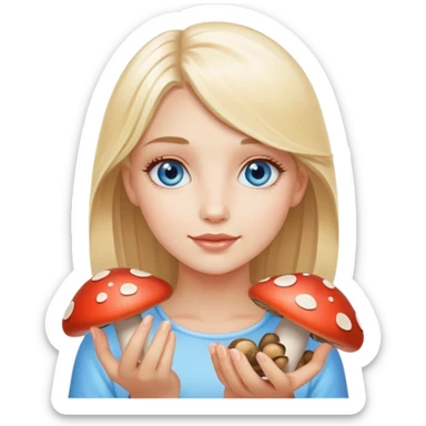 blonde blue eyed girl with mushrooms in her hand  sticker