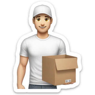 Pale skinned fit Man with dark brown hair in a white cap, gray jeans and gray polo T-shirt keeping a pasted box into his hands sticker