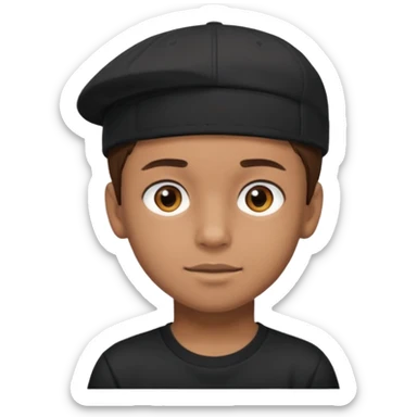 Băiat cu ochii căprui, păr brunet, piele cafeniu deschis, haine șapcă și tricou negru  sticker