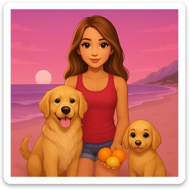 Edit the image to have only one golden retriever, cream colored. Remove any extra golden retrievers. Remove orange tones from the background, keeping only pinks in the beach sunset. Keep the girl as described: tanned white skin, long wavy blonde hair with brunette highlights, brown eyebrows, middle part, red tank top. sticker