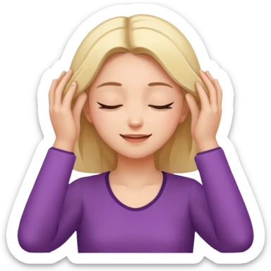 The girl with her eyes closed holds her temples with both hands and smiles slightly sticker