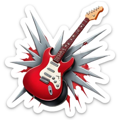 Create a fierce and edgy emoji representing hardcore rock vocal performance in a humanless collage. The design should feature a vintage microphone at the center, surrounded by a menacing, distorted electric guitar with sharp, aggressive angles. Add crossed drumsticks behind the microphone to symbolize the rhythm and power of the drums. Include subtle elements like lightning bolts, flames, or jagged sound waves to evoke the raw energy and intensity of hardcore rock. Use dark, intense colors like black, red, and silver, with a metallic, gritty finish to convey the rebellious, aggressive spirit of the genre. The background should be transparent. sticker