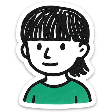 A boy with straight bangs covering his eyebrows, long hair at the back, black eyes, and brownish-black hair, wearing a green shirt the color of brilliant green antiseptic. sticker