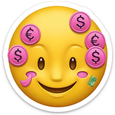 smiling yellow round emoji with pink money signs as eyes, winking sticker