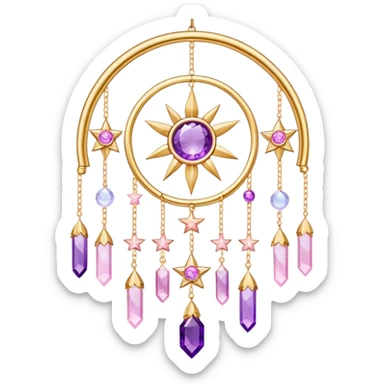 Epic Hanging gold suncatcher, threads with shiny sparkly amethyst and rose-quartz gemstones, flowers, moons, stars, gradient colors sticker