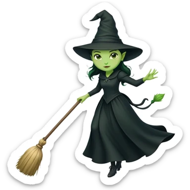Elphaba, green witch with black hat and long black dress riding a broomstick sticker