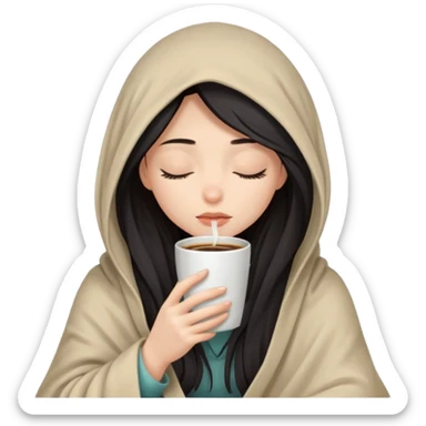 pale raven haired girl inside a blanket over her head sipping coffee eyes closed sticker