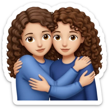 Una morena con pelo castaño y rizado y ojos marones y otra blanquita con pelo liso con las puntas onduladas y pelo castaño y ojos marrones Amigas lindas abrazándose  sticker