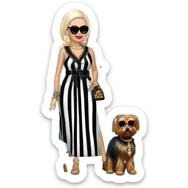 Palm Beach Breeze Barbie Wednesday Addams ,by the pool, white skin, full body visible, wavy hair,handbag, earrings,vertical-striped caftan,small 2 piece, sunglasses,heels,holding yorkie Miss Thang sticker