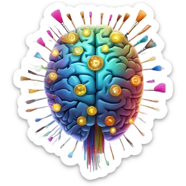 "Glowing brain with orbiting paintbrushes, radiating colorful sparkles, circuit patterns inside sticker