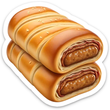 Cinematic Realistic Sausage Roll Dish Emoji, depicted with a crisp, golden pastry wrapped around flavorful sausage, rendered with detailed textures and appetizing lighting. sticker