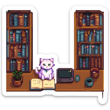 a desk with a cat, books, and computers in pixel art style, daytime scene sticker